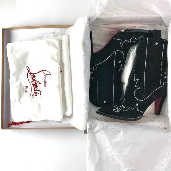 Christian Louboutin Santigag Strass 85 Black Suede Western Style Low Boots 38 - Picture 10 of 12
